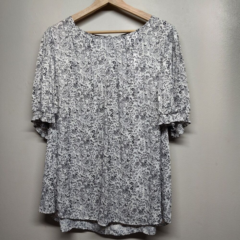 Lane Bryant Satin Blouse Top Women Sze 18 White Black Floral Short Sleeve Casual